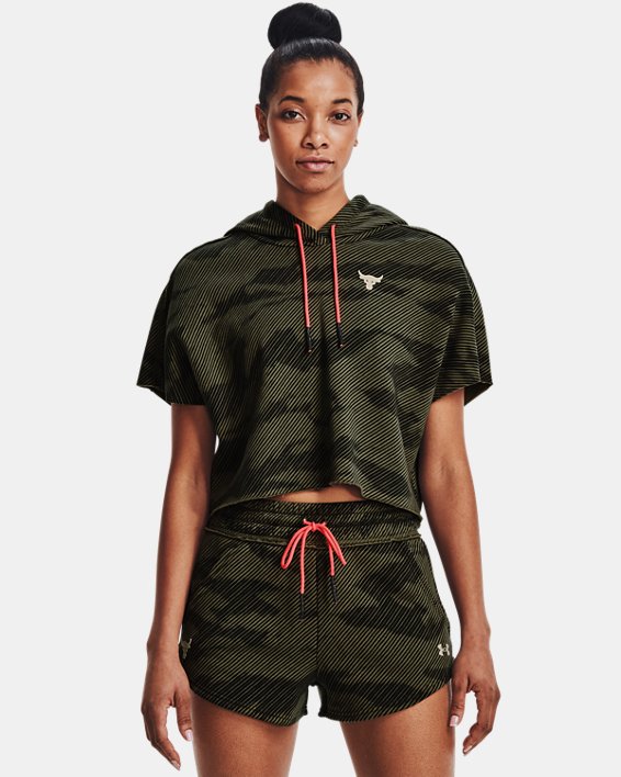Women's Project Rock Fleece Printed Short Sleeve Hoodie, Green, pdpMainDesktop image number 0